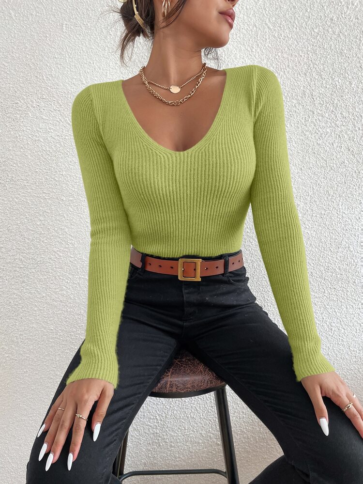 SHEIN Essnce Solid Rib Knit V Neck Sweater - Olive Green - View 4