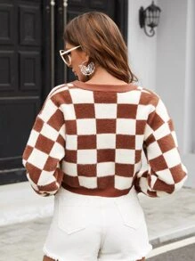SHEIN Drop Shoulder Plaid Pattern Fluffy Knit Crop Cardigan - Multicolor - View 2