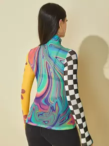 SHEIN ICON Mock Neck Letter & Cartoon & Striped Pattern Colourblock Top - Multicolor - View 2