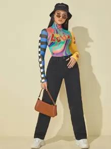 SHEIN ICON Mock Neck Letter & Cartoon & Striped Pattern Colourblock Top - Multicolor - View 3