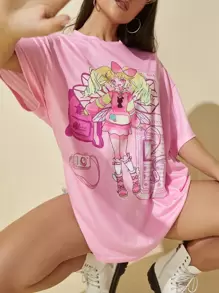 Muchica Cartoon Graphic Drop Shoulder Tee - Pink - View 1