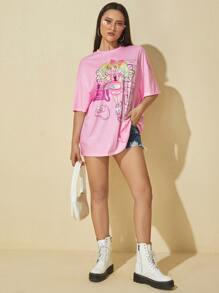 Muchica Cartoon Graphic Drop Shoulder Tee - Pink - View 3