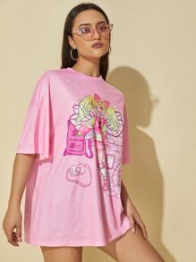 Muchica Cartoon Graphic Drop Shoulder Tee - Pink - View 4