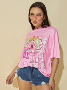 Muchica Cartoon Graphic Drop Shoulder Tee - Pink - View 5