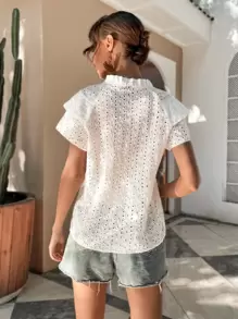 SHEIN Unity Frill Notched Neck Two Layer Sleeve Schiffy Blouse - White - View 2