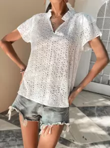 SHEIN Unity Frill Notched Neck Two Layer Sleeve Schiffy Blouse - White - View 4