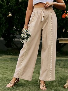 Simplee Plus Guipure Lace Insert Tassel Tie Waist Pants - Apricot - View 4