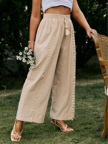 Simplee Plus Guipure Lace Insert Tassel Tie Waist Pants - Apricot - View 6