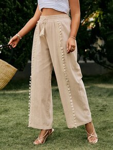 Simplee Plus Guipure Lace Insert Tassel Tie Waist Pants - Apricot - View 5