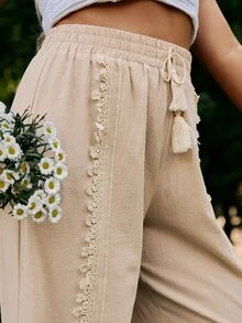 Simplee Plus Guipure Lace Insert Tassel Tie Waist Pants - Apricot - View 3