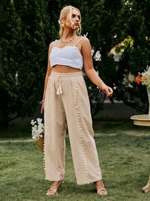 Simplee Plus Guipure Lace Insert Tassel Tie Waist Pants - Apricot - View 1