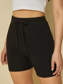 SHEIN EZwear Shorts biker con cordón tejido de canalé - Negro - Ver 3