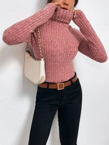 SHEIN Essnce Funnel Neck Raglan Sleeve Rib-knit Tee - Watermelon Pink - View 1
