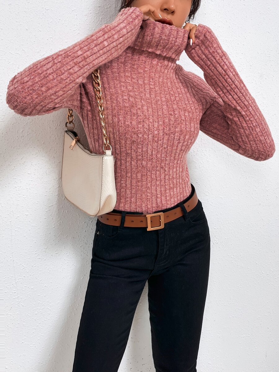 SHEIN Essnce Funnel Neck Raglan Sleeve Rib-knit Tee - Watermelon Pink - View 1