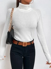 Chiquease Funnel Neck Raglan Sleeve Rib-knit Tee - White - View 3