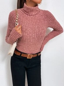 SHEIN Essnce Funnel Neck Raglan Sleeve Rib-knit Tee - Watermelon Pink - View 4