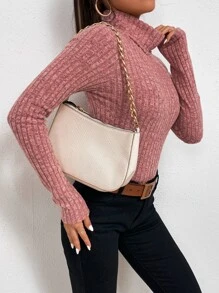 SHEIN Essnce Funnel Neck Raglan Sleeve Rib-knit Tee - Watermelon Pink - View 5