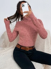 SHEIN Essnce Funnel Neck Raglan Sleeve Rib-knit Tee - Watermelon Pink - View 6