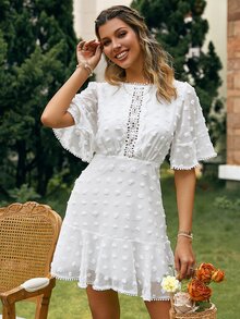 Simplee Swiss Dot Guipure Lace Insert Flounce Sleeve Ruffle Hem Dress - White - View 4