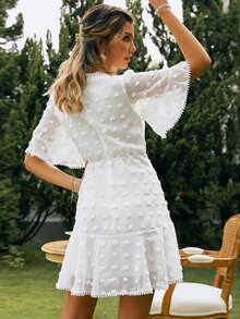 Simplee Swiss Dot Guipure Lace Insert Flounce Sleeve Ruffle Hem Dress - White - View 2