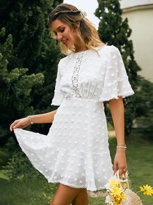Simplee Swiss Dot Guipure Lace Insert Flounce Sleeve Ruffle Hem Dress - White - View 3