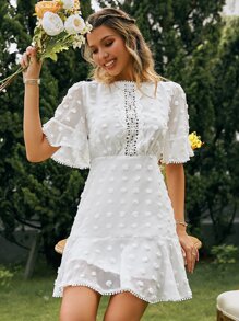 Simplee Swiss Dot Guipure Lace Insert Flounce Sleeve Ruffle Hem Dress - White - View 1