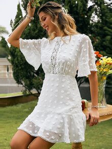 Simplee Swiss Dot Guipure Lace Insert Flounce Sleeve Ruffle Hem Dress - White - View 5