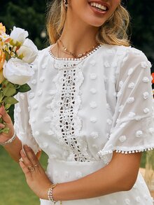 Simplee Swiss Dot Guipure Lace Insert Flounce Sleeve Ruffle Hem Dress - White - View 6