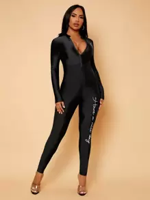 SHEIN SXY Letter Graphic Zipper Front Unitard - Black - View 3