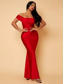 SHEIN SXY Vestido de corte sirena de hombros descubiertos con abertura alta - Burdeos - Ver 1