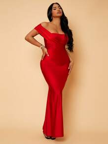 SHEIN SXY Vestido de corte sirena de hombros descubiertos con abertura alta - Burdeos - Ver 4