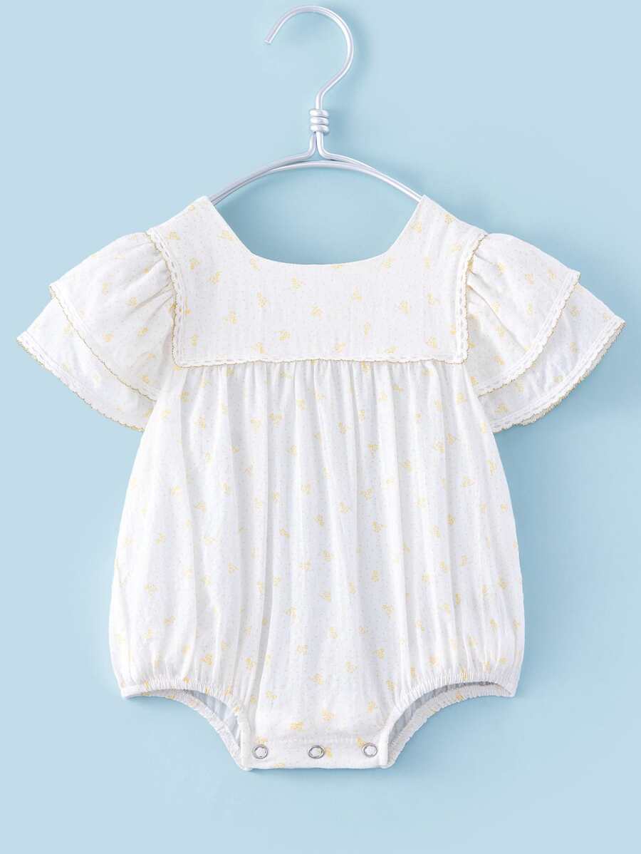 嬰兒蕾絲邊花卉圖案和波點圖案連身背心 - 白色 - 查看 1