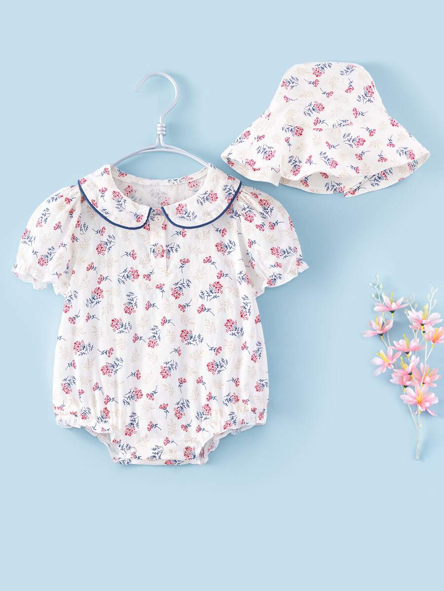 嬰兒小碎花蕾絲邊帶貓連身背心 - 彩色 - 查看 1