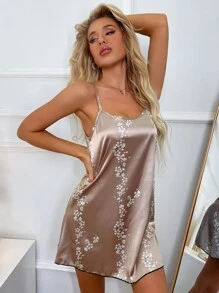 Váy ngủ & áo ngủ Nữ Hoa Thanh lịch - Màu be - Xem 3