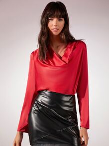 SHEIN Cowl Neck Solid Top - Red - View 5