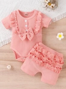 嬰兒荷葉邊蝴蝶結假鈕扣連身背心和短褲 - 淺粉色 - 查看 1