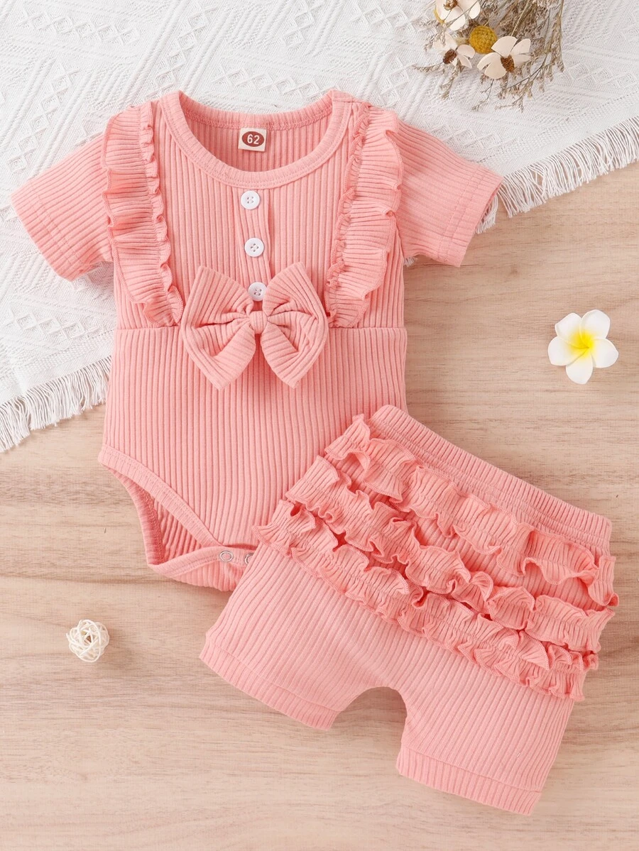 嬰兒荷葉邊蝴蝶結假鈕扣連身背心和短褲 - 淺粉色 - 查看 1