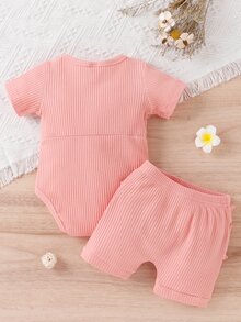 嬰兒荷葉邊蝴蝶結假鈕扣連身背心和短褲 - 淺粉色 - 查看 2