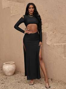 SHEIN SXY 高衩挖肩鏤空緊身洋裝 - 黑色 - 查看 1