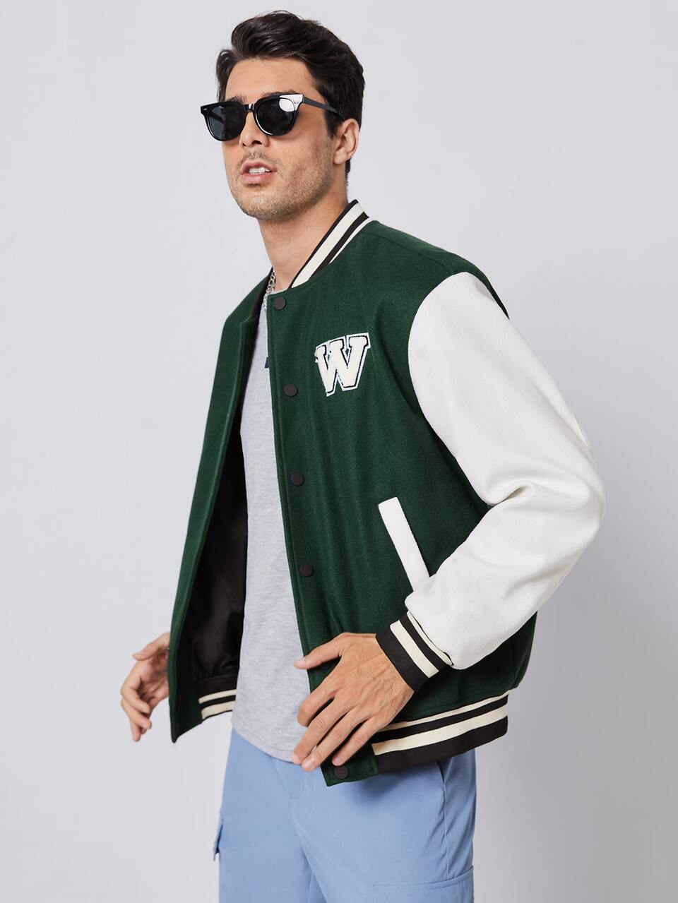 Men Letter Patched Button Front Varsity Jacket