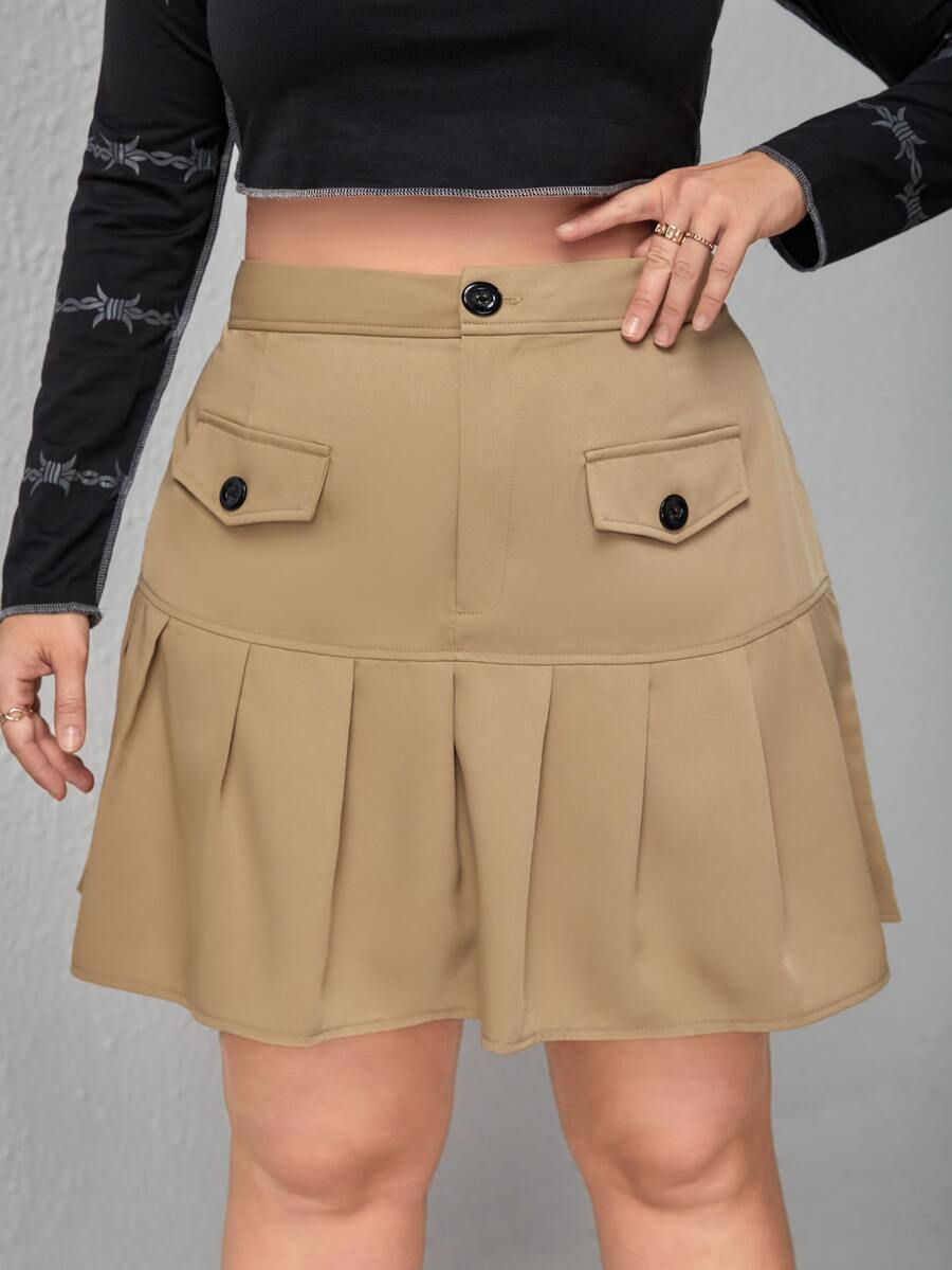大碼高腰翻蓋細節百褶半身裙 - 卡其色 - 查看 1