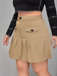 大碼高腰翻蓋細節百褶半身裙 - 卡其色 - 查看 3