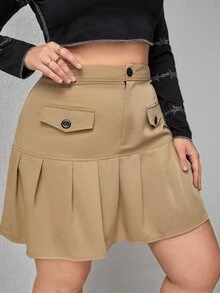 大碼高腰翻蓋細節百褶半身裙 - 卡其色 - 查看 4