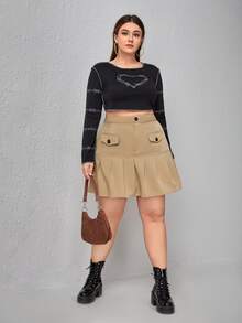 大碼高腰翻蓋細節百褶半身裙 - 卡其色 - 查看 5