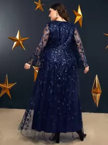 Modelyn Plus Sequin Insert Plant Embroidered Trumpet Sleeve Mesh Dress Maxi Women Outfit - Navy Blue - View 2
