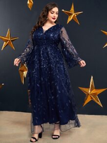 Modelyn Plus Sequin Insert Plant Embroidered Trumpet Sleeve Mesh Dress Maxi Women Outfit - Navy Blue - View 3