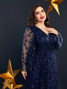 Modelyn Plus Sequin Insert Plant Embroidered Trumpet Sleeve Mesh Dress Maxi Women Outfit - Navy Blue - View 4