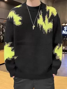 Men Graphic Pattern Drop Shoulder Sweater - Black - View 1