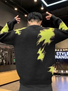 Men Graphic Pattern Drop Shoulder Sweater - Black - View 2