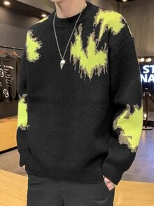 Men Graphic Pattern Drop Shoulder Sweater - Black - View 4